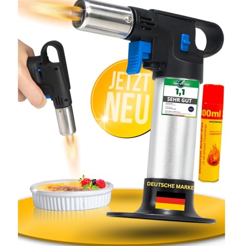 MAGNUM® Flambierbrenner [inkl. 300 ml Gas ] 1300 ∘C – Premium Creme Brulee Brenner, nachfüllbar mit Sicherung – Ideal zum Karamellisieren, Flambieren & Bräunen
