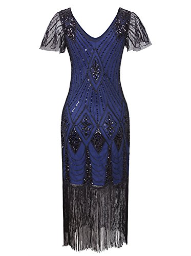 Vijiv Women 1920s Gatsby Long Flapper Dresses With Sleeves Sequins Deco For Prom Party, Blue, Large - Thumbnail 4