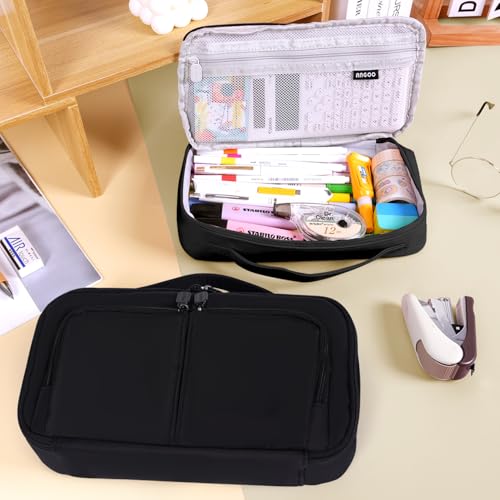 Image of Pencil Case Large Capacity Pencil Pouch Pen Bag with Handle, Portable Pencil Case Pencil Bags with Zipper Student Stationery Bag for Girls and Boys Teen Adults Men Women (Black)