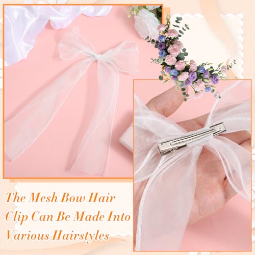 1 Pc White Organza Bridal Hair Bow Clip, Tulle Short Veil for Women, Bowknot Hair Pins, Wedding Headwear for Brides & Bachelorette Party (11 x 7 Inch)