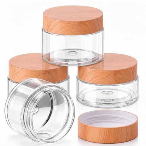 Patelai 4 Pcs Plastic Jars with Lids, Wood, 2 oz, Wide Mouth