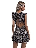 Floerns Women's Tropical Backless Tie Back Ruffle Sleeve A Line Short Dress Black Multi M