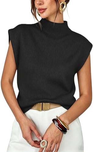 Image of Womens Sleeveless Sweater Vest Mock Neck Tank Tops Casual Cap Sleeve Knit Pullover Summer Clothes