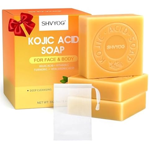 SHVYOG Kojic Acid Soap, Turmeric Soap Bar with Vitamin C Hyaluronic Acid for Deep Cleansing, Gentle Soap for Face and Body with A Foaming Net, 8.47oz（3 Pack） Cover