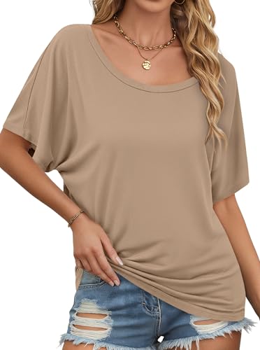 Image of Hilinker Womens Sexy Off The Shoulder Tops Short Batwing Sleeve T Shirt Oversized Casual Tee Khaki Medium