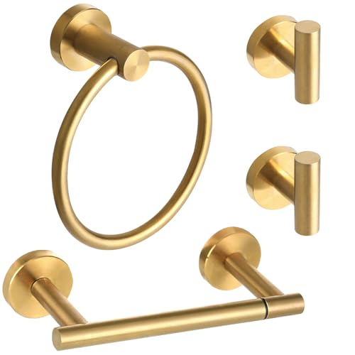 Ntipox 4 Pieces Brushed Gold Bathroom Accessories Hardware Set,Toilet Paper Holder Set,Include Double Post Pivoting Toilet Tissue Roll Paper Holder,Towel Ring,Towel Holder Set for Bathroom