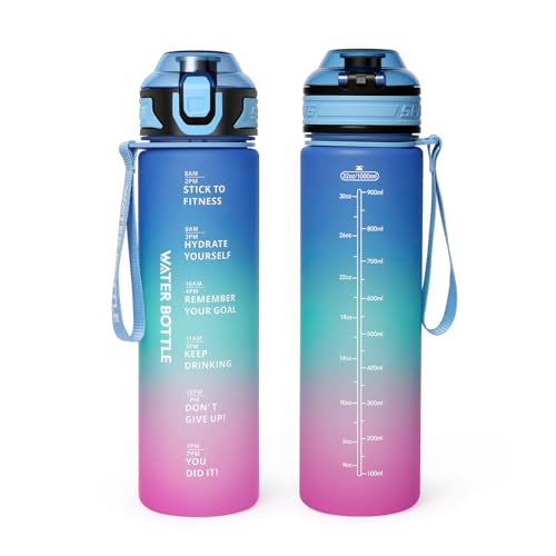 Binudum Botella Agua 1 litro,Botella Agua Gimnasio sin BPA con Cerradura Segura,Cantimplora con Marcador de Tiempo,a Prueba de Fugas,Reutilizable,para Gym,Bicicleta,Yoga,Escuela,Oficina,el Camping