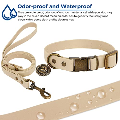 Wisedog Hundehalsband und Leine Set Combo: Einstellbare langlebige Haustier Halsbänder mit Hundeleinen für kleine mittlere große Hunde, enthält einen Bonus von Poop Bag Holder (S, Beige)