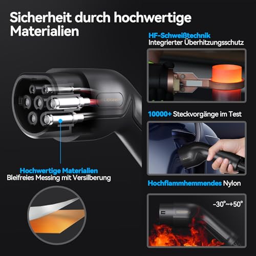 ELEGRP Typ 2 Ladekabel, 11kW 5M 16A 3-Phasig, Typ 2 auf Typ 2 Mode 3 Ladekabel für Elektroauto EV/PHEV mit Tragetasche, Geeignet für Model S/3/X/Y, VW ID.3 ID.4 e-Golf und andere EV