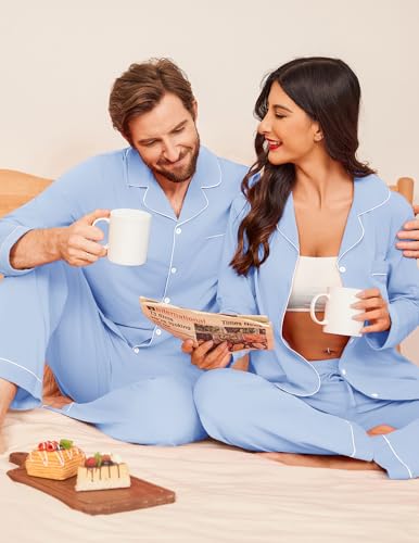 Ekouaer Couple Matching Pajamas 100% Cotton Long Sleeve Sleepwear Button Down Loungewear Pjs Set S-XXL3