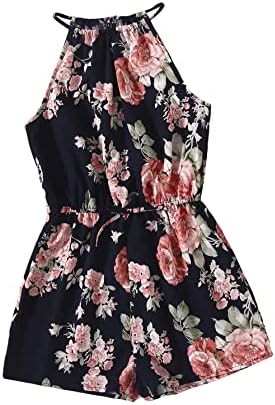 SheIn Girl's Summer Sleeveless Romper Jumpsuit Floral Print Halter Tie Knot Short Jumpsuit Floral Multicolor 14Y