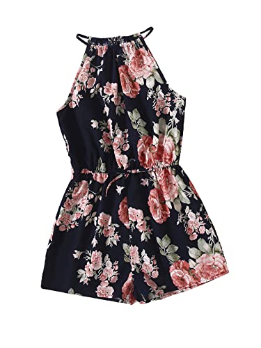 Shein Girl's Summer Sleeveless Romper Jumpsuit Floral Print Halter Tie Knot Short Jumpsuit Floral Multicolor 12-13Y #TOP26