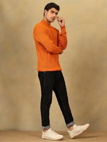 Image of Kvetoo Men's High Neck Cable Knit Sweater | Winter Pullover | Warm Wool Blend |Casual Full Sleeve Sweater for Men | Stylish Ribbed Neck Slim Fit Winterwear