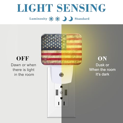 Image of Vintage American Flag Night Light for Kids Girls Boys, Retro USA Flag LED Night Light Plug into Wall with Dusk to Dawn Sensor for Room, Hallway, Kitchen, Bathroom, Stairs Decor