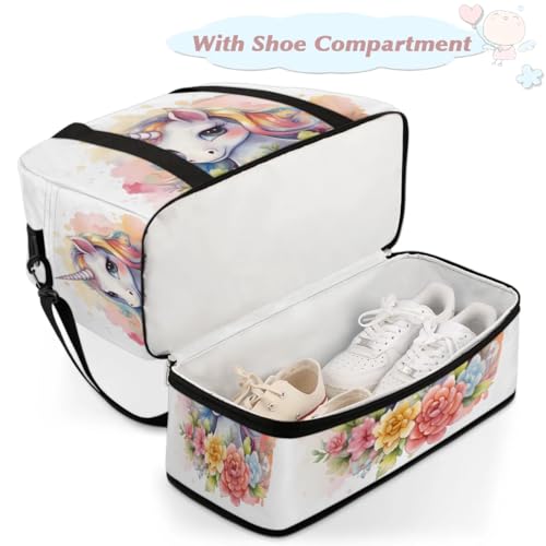 Travel Duffel Bags Watercolor Unicorn Flower Foldable Weekender Bags for Women with Shoes Compartment Waterproof & Tear Resistant Carry on Overnight Luggage Duffel Bag Shoulder Sports Tote Bag,A-1744