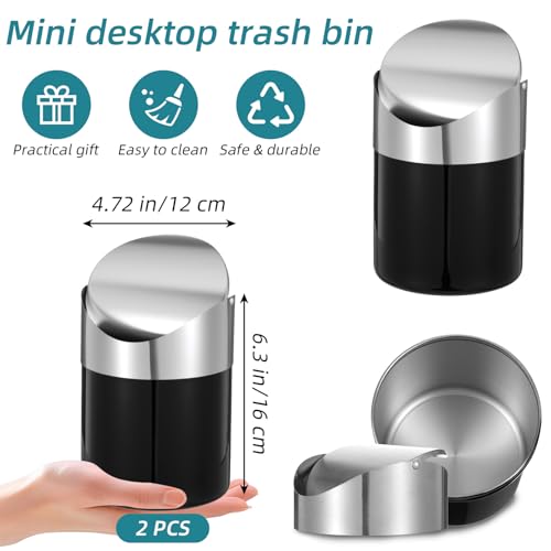 Image of Set of 2 Small Trash Can with Swing Lid - Black Stainless Steel Mini Garbage Can with Lid, Compact 4.72 inch x 4.72 inch x 6.3 inch Countertop Waste Bin for Office, Bathroom & Kitchen