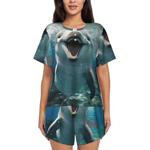 Pijama de verano cómodo de mujer con pantalón corto y diseño divertido de delfín