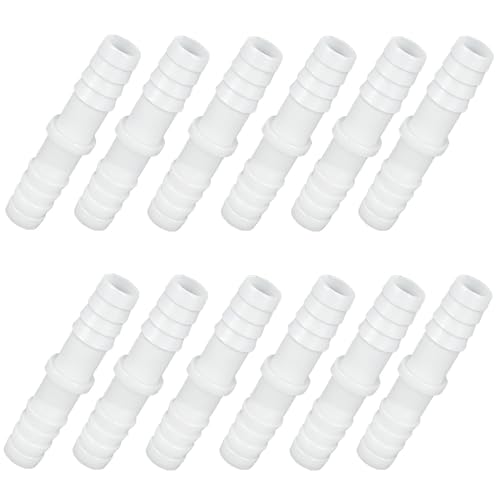 Lot de 12 raccords de tuyau droits en plastique - 12 mm - Blanc - Double mamelon - Raccord de tuyau étanche pour tuyau d'arrosage, aquarium et tuyaux d'eau