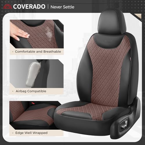 Image of Coverado Car Seat Covers Full Set, Leather Seat Covers for Front and Back Seat, Waterproof Car Seat Protectors with Splicing Design, Automotive Seat Cushions Universal for Most Cars, Black & Coffee
