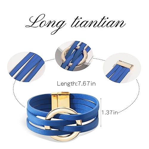 Long tiantian Blue Bracelets for Women Leather Cuff Bracelet for Women Circle Charm Bangle Bracelets Leather Wrap Bracelets Boho Bracelets Multilayer Stackable Bracelets Costume Jewelry for Women4