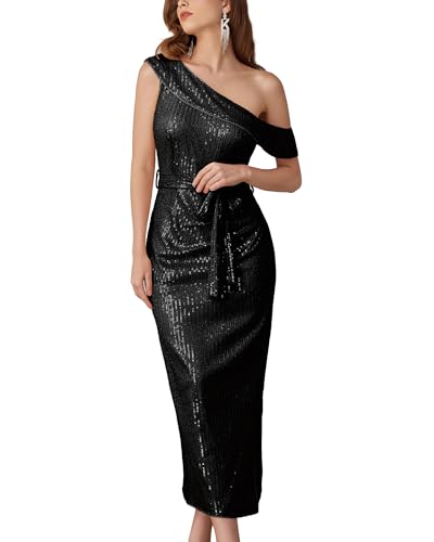 GRACE KARIN Women Sequin Dresses Off The Shoulder Evening Gown Elegant Cocktail Party Prom Formal Dresses Black 2XL