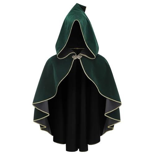 yolsun Medieval Short Hooded Cape for Women Renaissance Cowl Halloween Hooded Cloak Costume Unisex (Green 55CM)