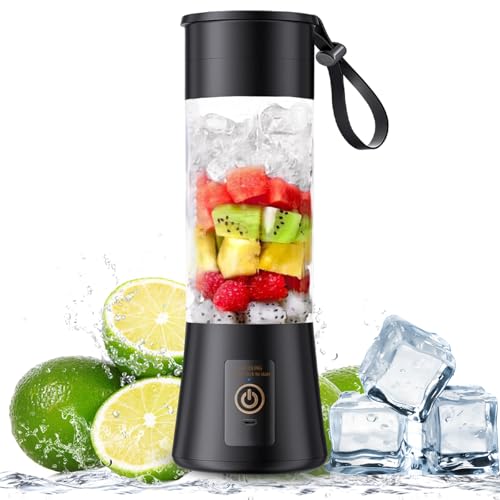 Portable Blender, USB Rechargeable, 380ml, 6 Blades, Smoothie Maker for Travel, Gym, Office, 2000mAh, for Shakes, Juices, Black