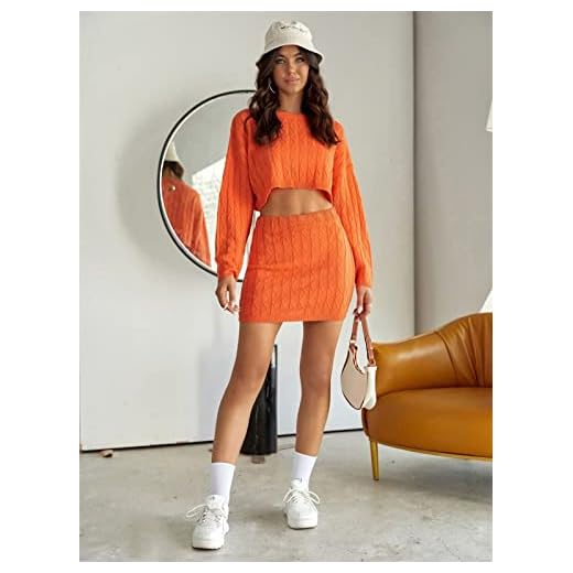 Damer långärmad stativ krage droppe axel tröja och stickad kjol set damer vår/höst jacka kort ren färg stil jacka s-l (Color : Orange, Size : M)