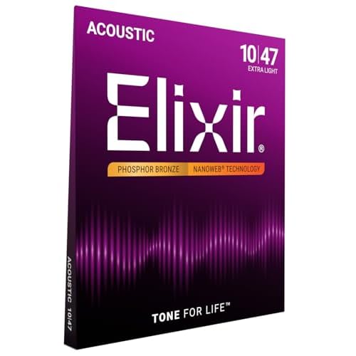 Elixir Cuerdas de guitarra acústica Strings de bronce fosforado con recubrimiento NANOWEB, calibre extraligero, 1 Pack, Extra Light (10-47)