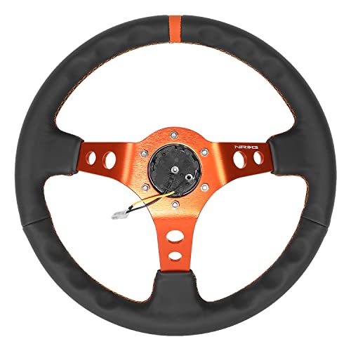 Image of NRG Innovations NRG-RST-006OR Reinforced Steering Wheel 350MM Sport Steering Wheel, Black Leather Orange Center Mark with Orange Stitching and Orange Center Spoke
