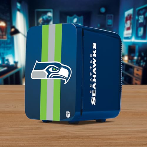 Image of Ukonic NFL Seattle Seahawks 15-Can Mini Fridge 10L - AC /DC Powered, Official Team Colors & Logo, Portable Cooler for Tailgates, Home, Office, or Car