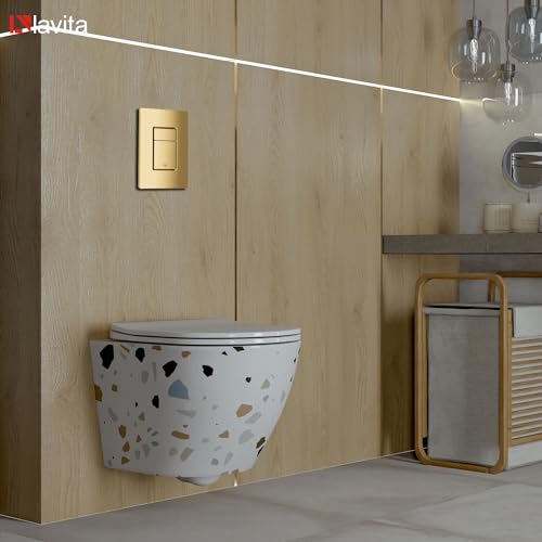 Lavita Vorwandelement Solido + Wand Hänge WC Sofi Slim Stone Weiß Spülrandlos + WC Sitz mit Absenkautomatik Goldener Knopf Komplettset Unterputz Spülkasten Toilette Komplett Sett WC – Bild 8