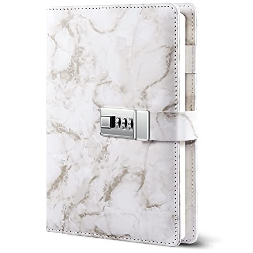 PAMIYO A5 Notizbuch Tagebuch mit Schloss für Erwachsene,Journal Marmor mit Zahlenschloss Lederbezug Schreibnotizbuch Tagebuch für Erwachsene, Mädchen, Jungs, (Grau) Cover