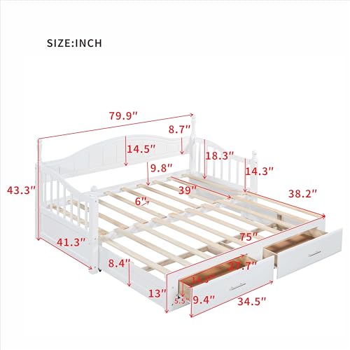 Image of Merax Multifunctional Extending Day Bed with Trundle & Drawers Twin to King Wood Sofa Bed with Headboard No Box Spring Needed White