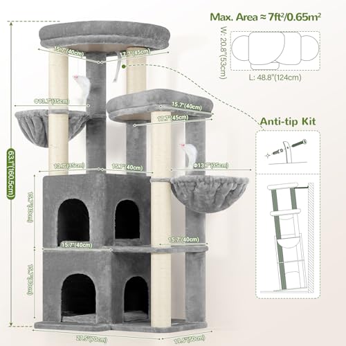 Image of Globlazer Cat Tree Tower for Indoor Cats, Sturdy Adult Cat Tree House for Large Adult Cats with 2 Platform, 6 Cat Scratching Post, 2 Cat Caves, Dangling Toys, S63, 63 inch, Light Grey