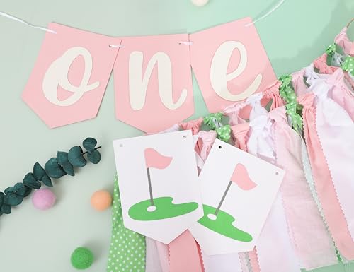 Image of Golf 1st Birthday Decorations For Girls - Hole In One High Chair Banner,Sports Themed First Birthday Photo Props,Golf Pink Green Ribbon One Banner,Baby Girl Smash Cake Backdrop