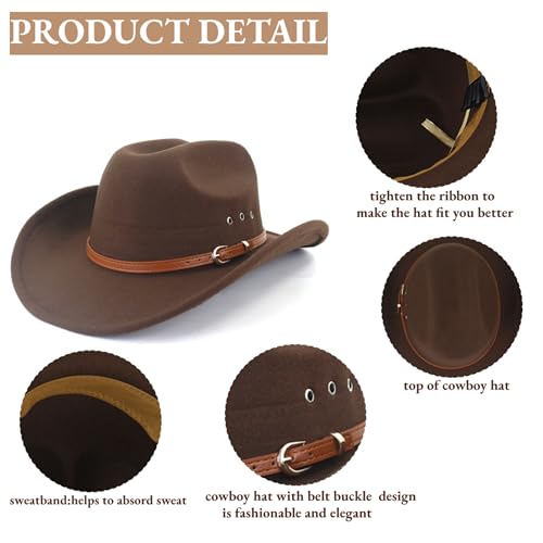 Lidhay 3 COFFEE Cowboy Hat For Women And Men Felt Wide Brim Classic Outdoor Fedora Hats Western Cowboy Cowgirl Hats thumb #2