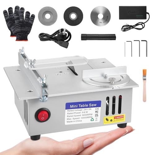 Mini Table Saw, Portable Precision Table Saw for Woodworking, 96W Mini Desktop Electric Cutter with Liftable Blade 16MM Cutting Depth, Adjustable Speed & Angle, Includes Dust Hose Brush & Gloves