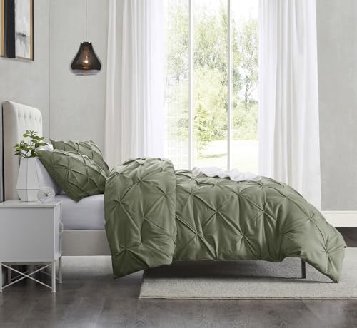 Image of Nestl Olive Green Duvet Cover Full Size - Soft Double Brushed Duvet Set with Button Closure & Corner Ties, 3 Piece Luxurious Pinch Pleated Duvet Cover Set 80x90 Inches with 2 Pillow Shams