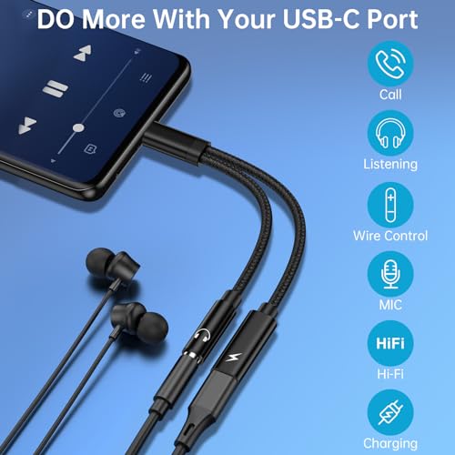 2 in 1 Samsung USB Type C to 3.5mm Headphone and Charger Adapter for Galaxy S23/S22/S21/S24,60W PD USB C to Aux Audio Jack Dongle Cable Android Phone Fast Charging Cord for iPhone 15,Google Pixel 8a/7