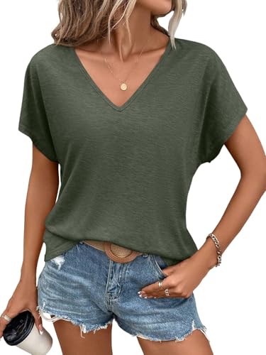 Women's V Neck Short Sleeve T Shirts Summer Casual Basic Loose Fit Tees Top 2025