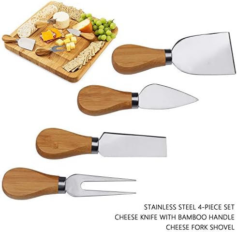 4Pcs Cheese Knife Set, Stainless Steel Cheese Knives Cheese Fork Cheese Shovel with Oak Handle for Parties and Picnics