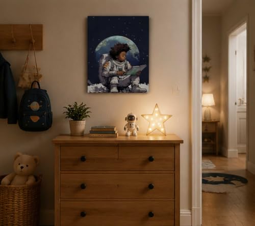 Image of Black Boy Reading The Moon Canvas Wall Art African Americans Painting Picture Wall Decor Inspirational Books For Black Boys Poster Print Artwork For Teen Living Room Study Home Decoration 12x16in