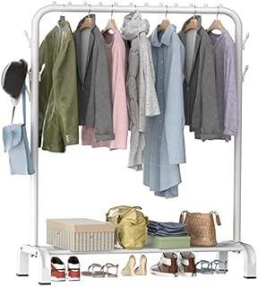 LOEFME Clothes Rail, Heavy Duty Clothes Rail, Clothes Rails For Bedroom, Clothes Rack, Minimalist Design White Clothes Rail with 8 Side Hooks, Free Standing Clothes Rail, Portable Clothing Storage