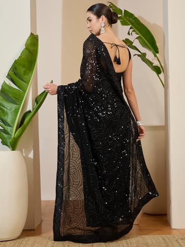 Image of AKHILAM Women's Shimmer Pure Georgette Embroidered Ready To Wear one Minute Saree With Unstitched Blouse Piece