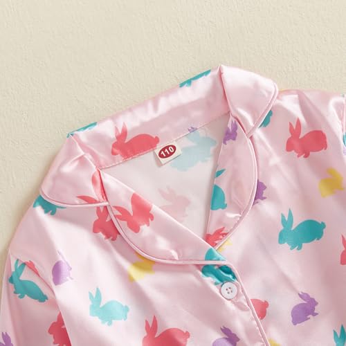 Multitrust Baby Girl Easter Day Silk Pajamas Set Bunny Carrot Button Down Feather Trim Sleeve Shirts Pants 2PCS Satin Pj Sets4
