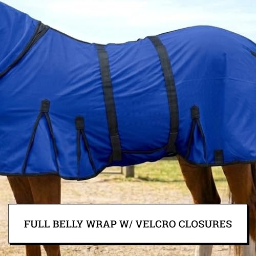 Image of Horse Fly Sheet with Attached Neck Cover & Tail Flap | UV Protection Mesh Horse Blanket, Full Body Bug & Sun Shield, Buckles, Belly Wrap & Gussets for Spring Summer Riding Rug (Royal Blue, 76 inch)