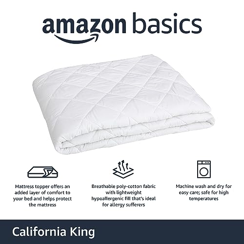 Image of Amazon Basics Hypoallergenic Breathable Quilted Mattress Topper Pad with Elastic, California King, 18 Inches Deep, White