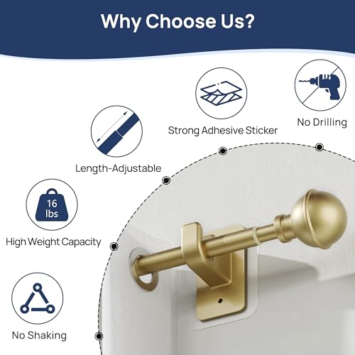 ENJOYBASICS No Drill Curtain Rods for Window 28 to 47 Inches, 5/8 Inch Diameter Renter Friendly Drapery Rod with Adhesive Brackets without Drilling, Adjustable from 27 to 52 Inches, Gold - Thumbnail 2