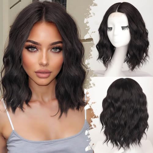 Image of Eawwii Wigs for Women Dark Brown,Short Wavy Synthetic Lace Wig